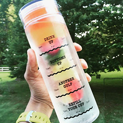 A hand holds a clear water bottle filled with slices of orange, lemon, and lime. The bottle is marked with motivational phrases like "Drink Up," "Bottoms Up," "Another Gulp," and "Refill Your Cup." A green lawn and trees are in the background.