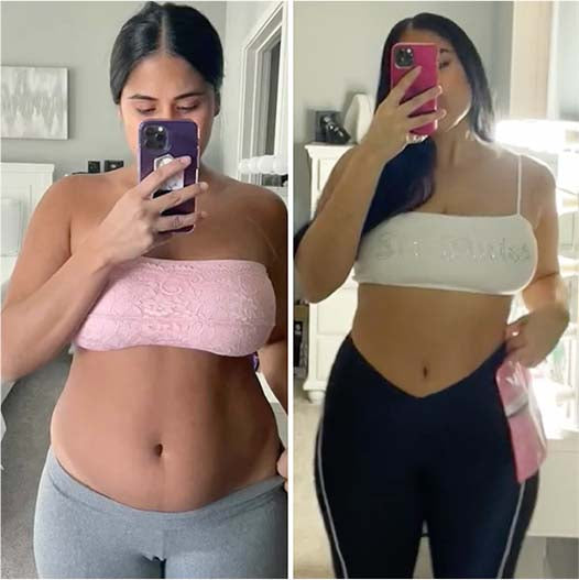 User showing a significant difference in waistline before and after using Flat Tummy Co. supplements.