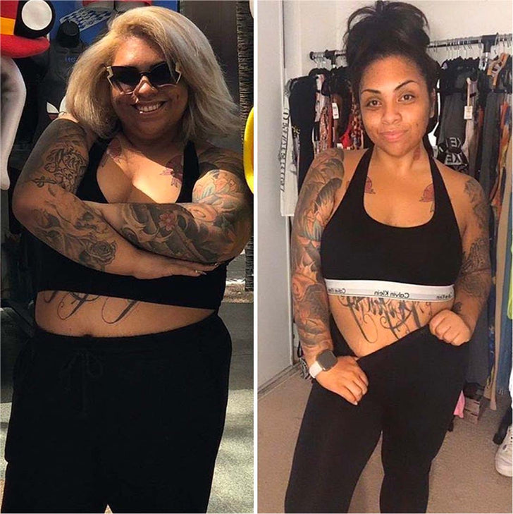 Before and after body transformation photos showing significant weight loss with Flat Tummy Co. products.
