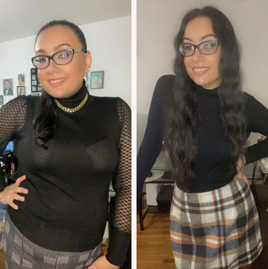 Woman showing visible reduction in waistline in a before and after photo with Flat Tummy Co. products.