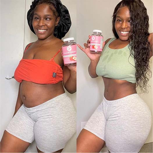 Smiling woman showing weight change before and after Flat Tummy Gummies usage
