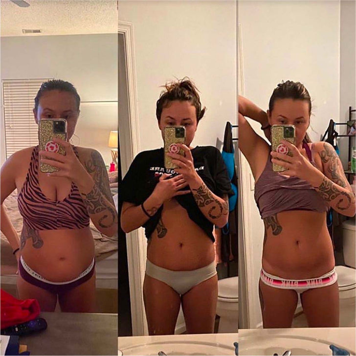Woman showing progress using Flat Tummy Co. supplements with noticeable body changes.