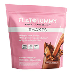 The Flat Tummy Co Flat Tummy Shakes in Natural Chocolate flavor, packed in a pink 25.4 oz pouch, offer targeted fat loss and visible results in 30 days. With 25g of whey protein per serving, no sugar, and only 150 calories, you can expect a reduced waist size with this irresistible dietary supplement.