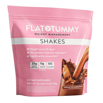 The Flat Tummy Co Flat Tummy Shakes in Natural Chocolate flavor, packed in a pink 25.4 oz pouch, offer targeted fat loss and visible results in 30 days. With 25g of whey protein per serving, no sugar, and only 150 calories, you can expect a reduced waist size with this irresistible dietary supplement.