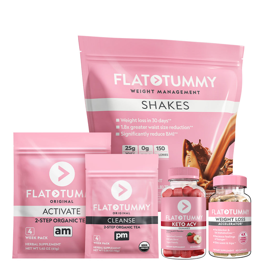 Introducing the Ultimate Bundle by Flat Tummy Co, a pink-themed assortment that includes Flat Tummy Shakes, lollipops, apple cider vinegar gummies, and a two-step organic tea regimen with "Activate" and "Cleanse." Each product is designed as a dietary supplement to support your wellness journey.