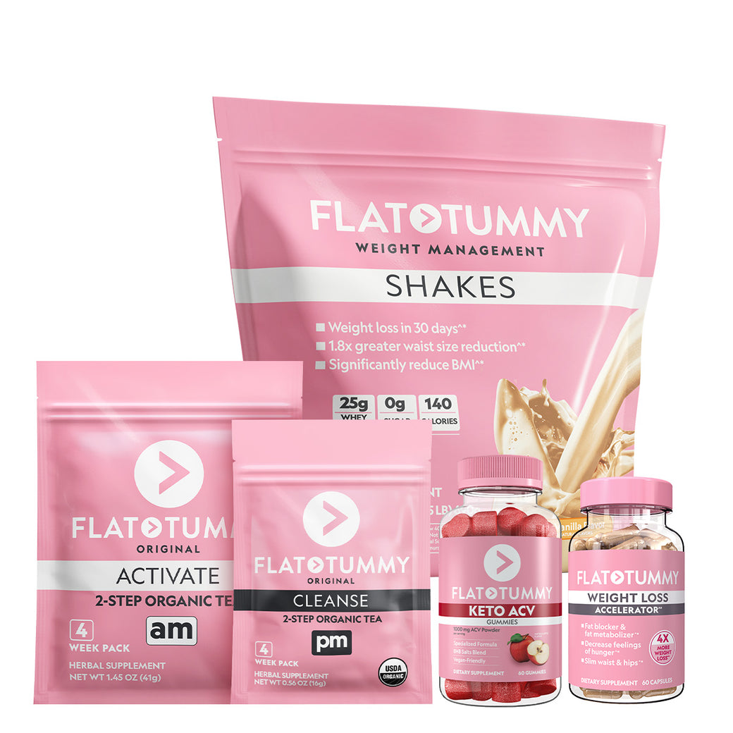 Explore the chic Ultimate Bundle by Flat Tummy Co, which includes our sought-after Flat Tummy Shakes, apple cider vinegar gummies, and AM/PM herbal tea packs, all beautifully packaged in striking pink.