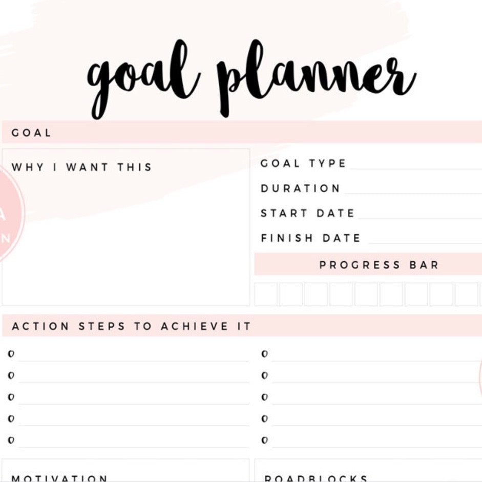 A goal planner template with sections for goal, reasons, action steps, goal type, duration, start/finish dates, progress bar, motivation, and roadblocks. Features a minimalist design with pink accents.
