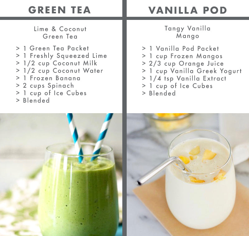 A split image showing two smoothie recipes: one for green tea with lime, coconut, banana, and ice; the other for vanilla pod with vanilla, mango, orange juice, Greek yogurt, vanilla extract, and ice. Each smoothie is served in a glass with matching straws.