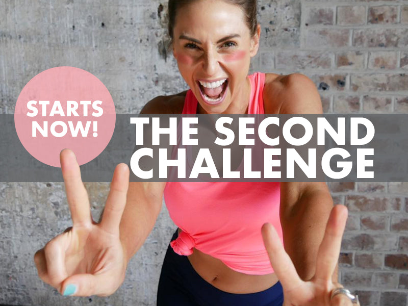 Woman in a bright pink tank top excitedly holds up two fingers on each hand. Text on the image reads, "Starts Now! The Second Challenge" against a brick wall background.