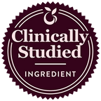 Badge with a dark maroon circular design featuring the text "Clinically Studied Ingredient" in white, with a stylized plant icon at the top.