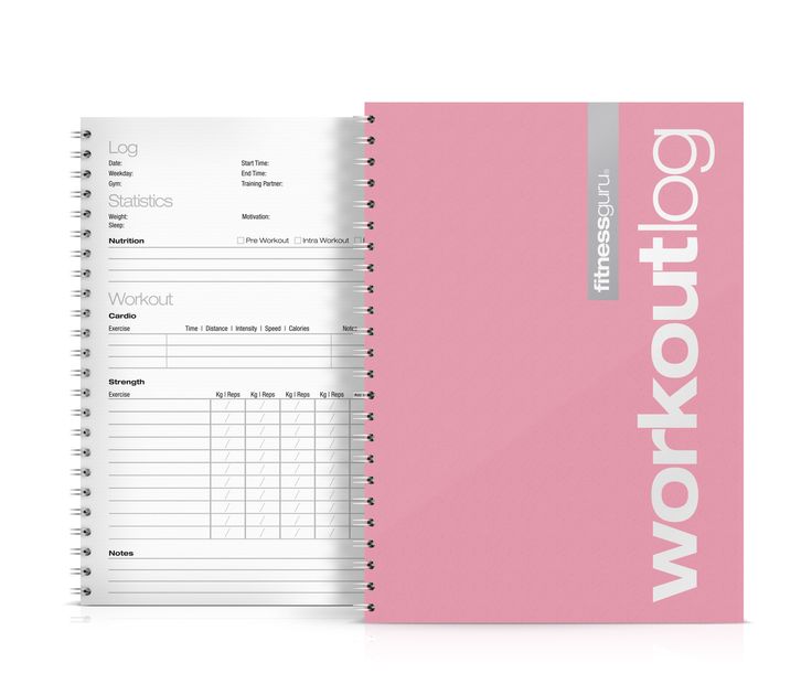 Open pink workout log book with sections for date, time, nutrition, workout type, cardio, strength exercises, and notes. Spiral-bound with a modern design.