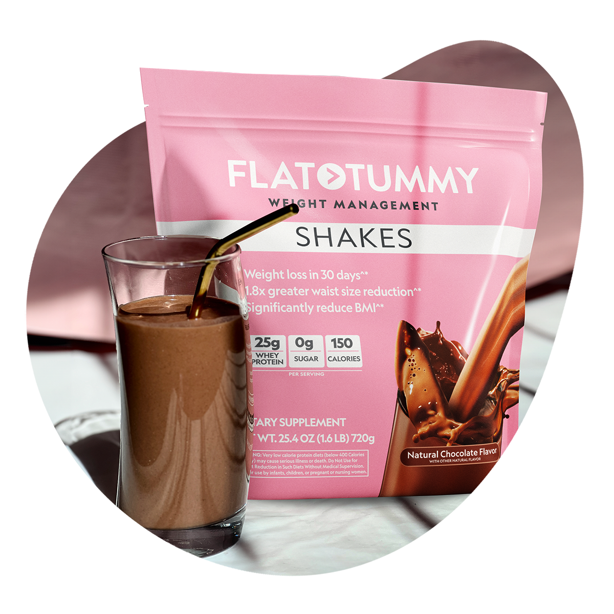 A glass of chocolate shake is placed next to a pink pouch labeled "Flat Tummy Shakes." The packaging has images of flowing chocolate and text about weight management.