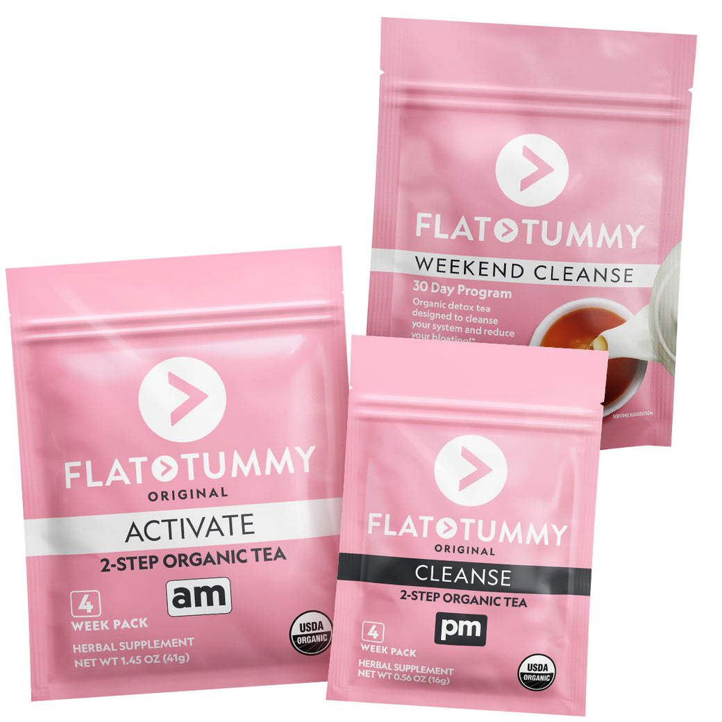 Three pink packages from Flat Tummy Co.'s Detox Essentials Bundle are displayed. The "Activate" pack is labeled as a 2-step organic tea for the morning (AM), the "Cleanse" pack as a 2-step organic tea for the evening (PM), and the "Weekend Cleanse" pack offers an easy-to-use 30-day Flat Tummy Detox program.
