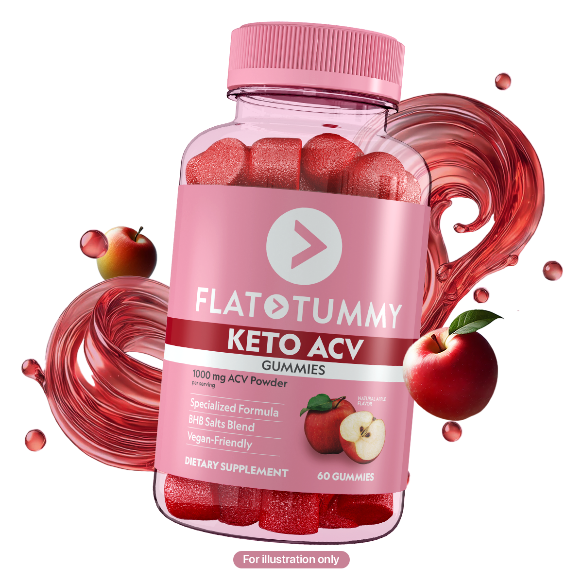 A bottle of Flat Tummy Co's Keto Apple Cider Vinegar Gummies, featuring red gummies inside. The label emphasizes key attributes such as ACV powder, a BHB salts blend, and being vegan-friendly. Surrounding the bottle are illustrations depicting apples and swirling liquid.