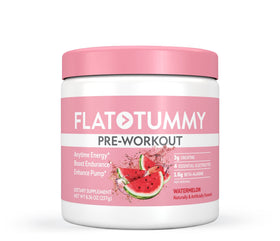 A container of Flat Tummy Pre-Workout powder in watermelon flavor, featuring a pink lid and label with images of watermelon slices and supplement information printed on the front.