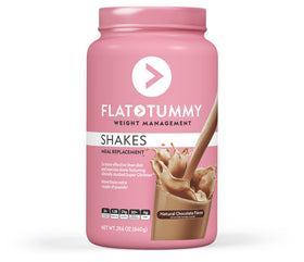 A pink pouch of Flat Tummy weight management shakes with natural chocolate flavor. It highlights benefits like weight loss and waist size reduction. Contains 25g protein, 0g sugar, and 150 calories. Net weight: 25.4 oz (720g).