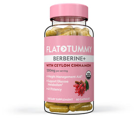 A bottle of Flat Tummy Berberine+ capsules with 1200mg per serving. It claims to aid weight management, support glucose metabolism, and has USDA organic certification. Contains 60 capsules.