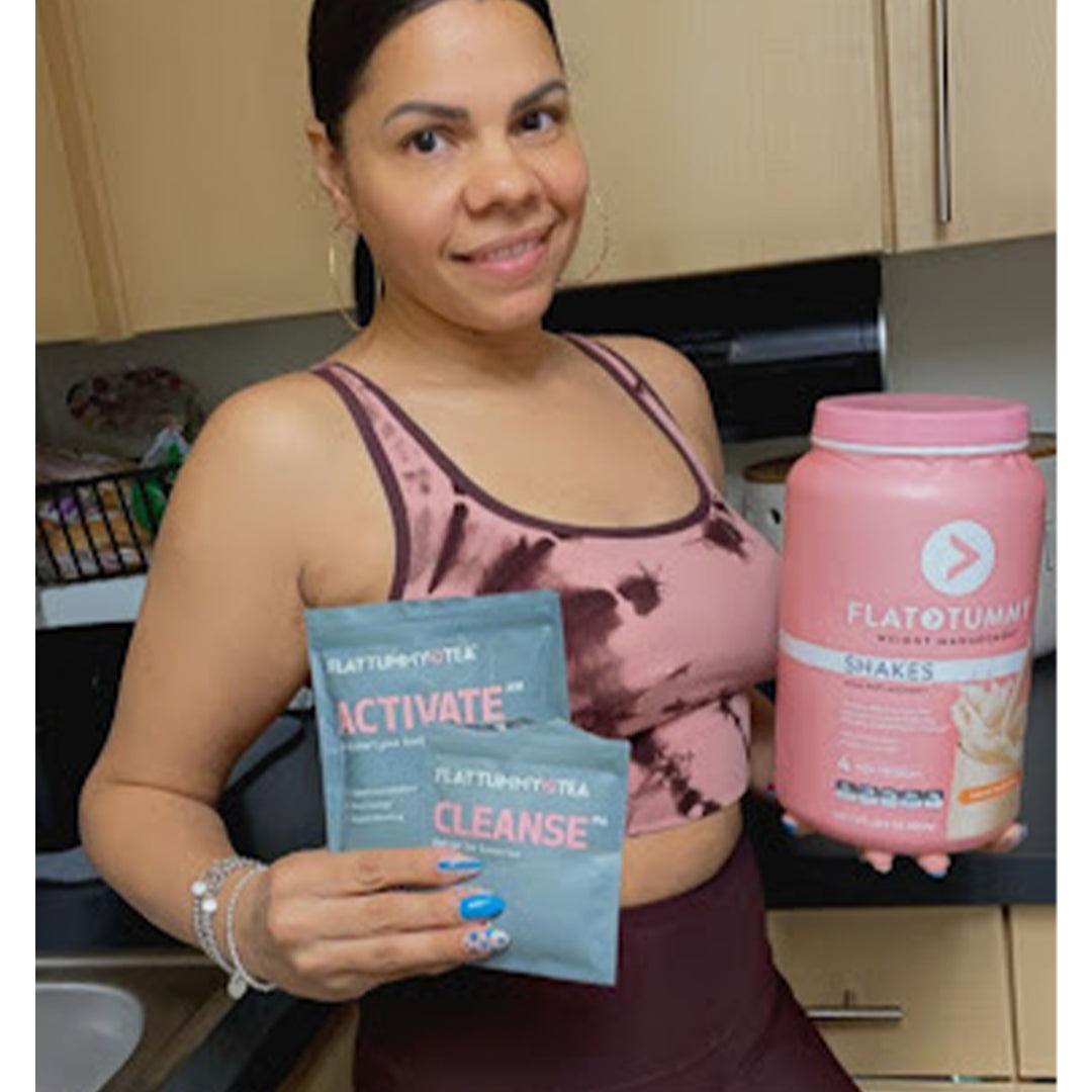 customer holding detox tea &amp; weight loss shakes