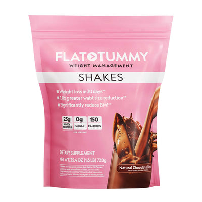 The Flat Tummy Co Flat Tummy Shakes in Natural Chocolate flavor, packed in a pink 25.4 oz pouch, offer targeted fat loss and visible results in 30 days. With 25g of whey protein per serving, no sugar, and only 150 calories, you can expect a reduced waist size with this irresistible dietary supplement.