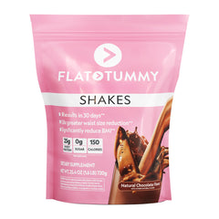 The Flat Tummy Co Flat Tummy Shakes in Natural Chocolate flavor, packed in a pink 25.4 oz pouch, offer targeted fat loss and visible results in 30 days. With 25g of whey protein per serving, no sugar, and only 150 calories, you can expect a reduced waist size with this irresistible dietary supplement.