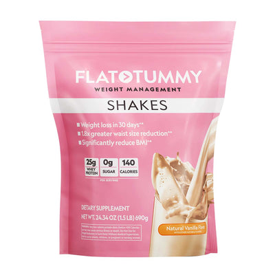 Flat Tummy Co's pink-packaged Flat Tummy Shakes offer a natural vanilla flavor with 25g protein, 0g sugar, and 140 calories per serving. Weighing 24.34 oz (1.5 lb), the whey protein shakes promise "results in 30 days" for effective nutritional support.