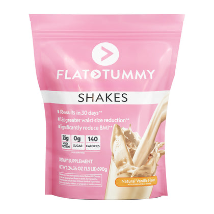 Flat Tummy Co's pink-packaged Flat Tummy Shakes offer a natural vanilla flavor with 25g protein, 0g sugar, and 140 calories per serving. Weighing 24.34 oz (1.5 lb), the whey protein shakes promise "results in 30 days" for effective nutritional support.