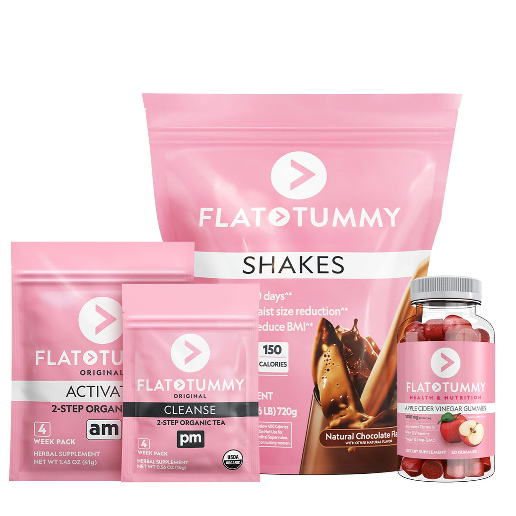 The Triple Threat Bundle from Flat Tummy Co features a pink bag of Flat Tummy Shakes, packs of Activate and Cleanse tea, and a bottle of Apple Cider Vinegar Gummies, all with predominantly pink packaging and white text.