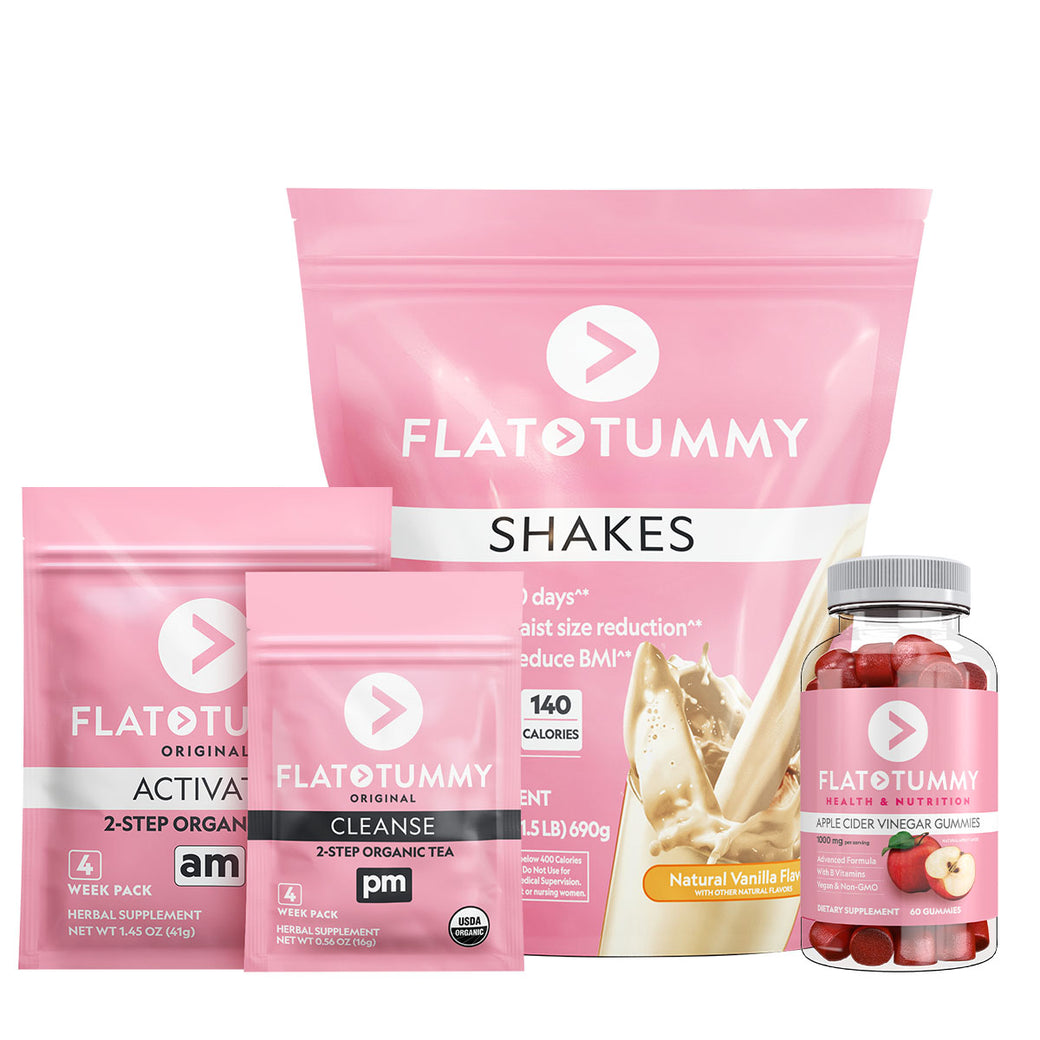 An eye-catching pink-themed Triple Threat Bundle from Flat Tummy Co features Flat Tummy Shakes, cleanse tea, activator tea, and Apple Cider Vinegar Gummies set against a minimalist backdrop.