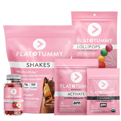 Introducing the Ultimate Bundle by Flat Tummy Co, a pink-themed assortment that includes Flat Tummy Shakes, lollipops, apple cider vinegar gummies, and a two-step organic tea regimen with "Activate" and "Cleanse." Each product is designed as a dietary supplement to support your wellness journey.