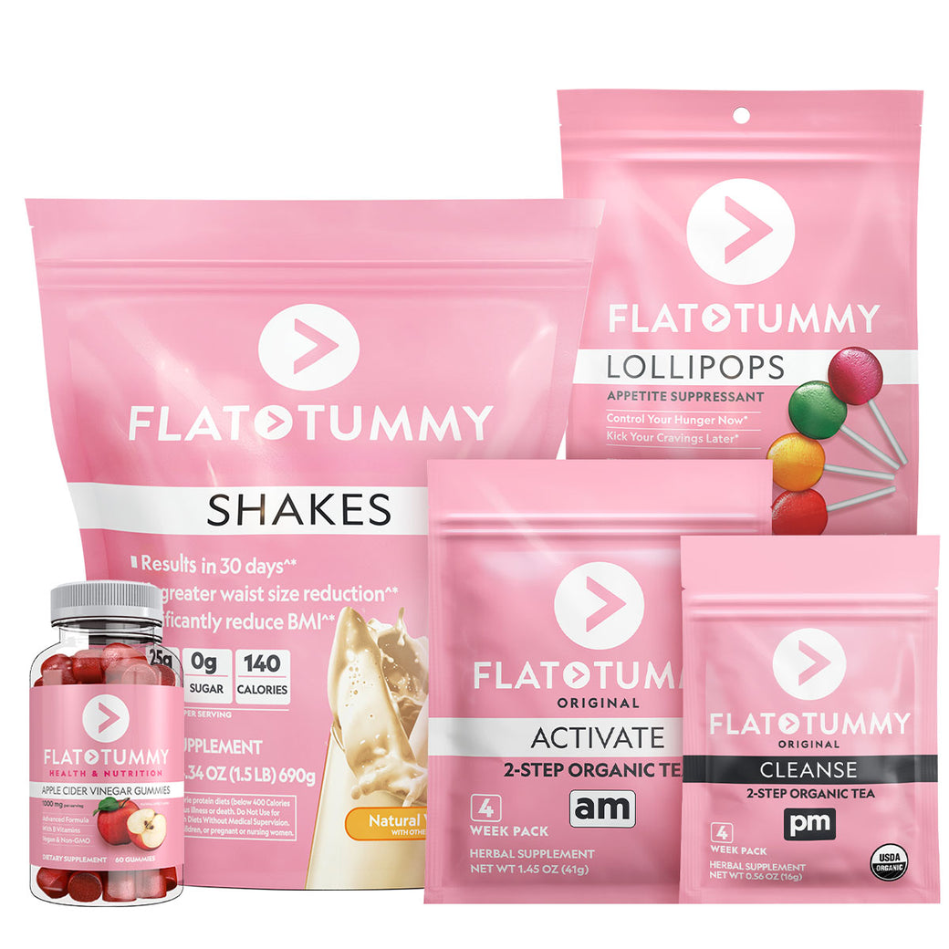 Explore the chic Ultimate Bundle by Flat Tummy Co, which includes our sought-after Flat Tummy Shakes, apple cider vinegar gummies, and AM/PM herbal tea packs, all beautifully packaged in striking pink.