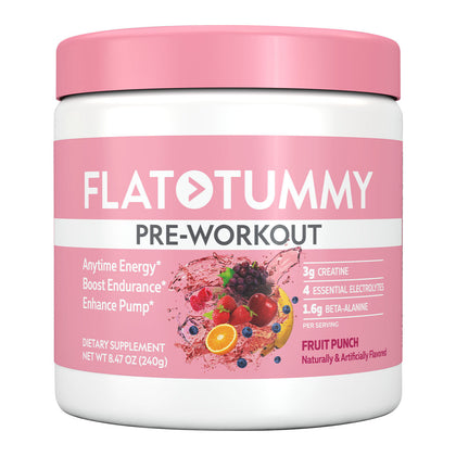 Flat Tummy Co's Pre Workout in Fruit Punch flavor boosts exercise performance with energy and endurance support, featuring 3g of creatine, 4 essential electrolytes, and 1.6g of beta-alanine per serving. Net weight is 8.47 oz (240g).