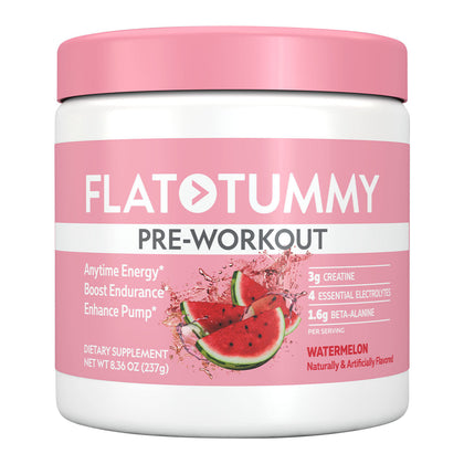 A pink and white Flat Tummy Co Pre Workout supplement for women with watermelon flavor boosts energy and endurance. The label shows watermelon slices and includes creatine to support muscle mass. Net weight: 8.36 oz (237g).