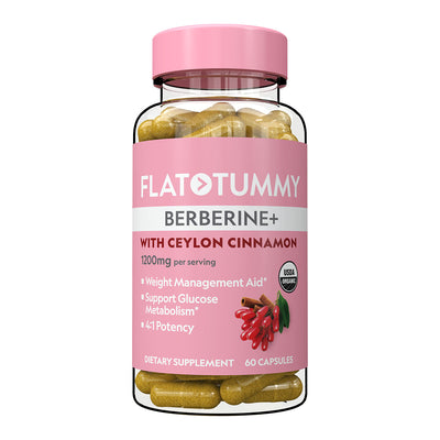 Introducing the Flat Tummy Co's Flat Tummy Berberine+ dietary supplement with Ceylon Cinnamon, crafted for optimal weight management. Each bottle contains 60 capsules with a potent serving of 1200mg per dose. This premium Berberine supplement supports glucose metabolism with a potent 4:1 ratio and is proudly USDA organic certified.