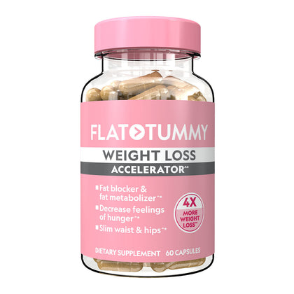 A bottle of Flat Tummy Co's Weight Loss Accelerator capsules, adorned with a pink label and featuring CardiaSlim. The label promotes benefits such as "fat blocker & fat metabolizer," "decrease feelings of hunger," and "slim waist & hips." Each bottle contains 60 dietary supplement capsules.