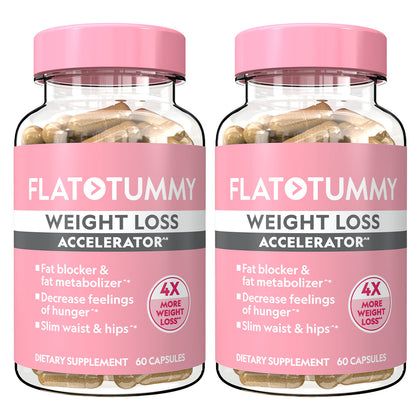 Two bottles of Flat Tummy Co's Weight Loss Accelerator, each with 60 capsules, work as a fat blocker, suppress appetite, and slim waist and hips. Combined with CardiaSlim, it promises up to four times more weight loss.