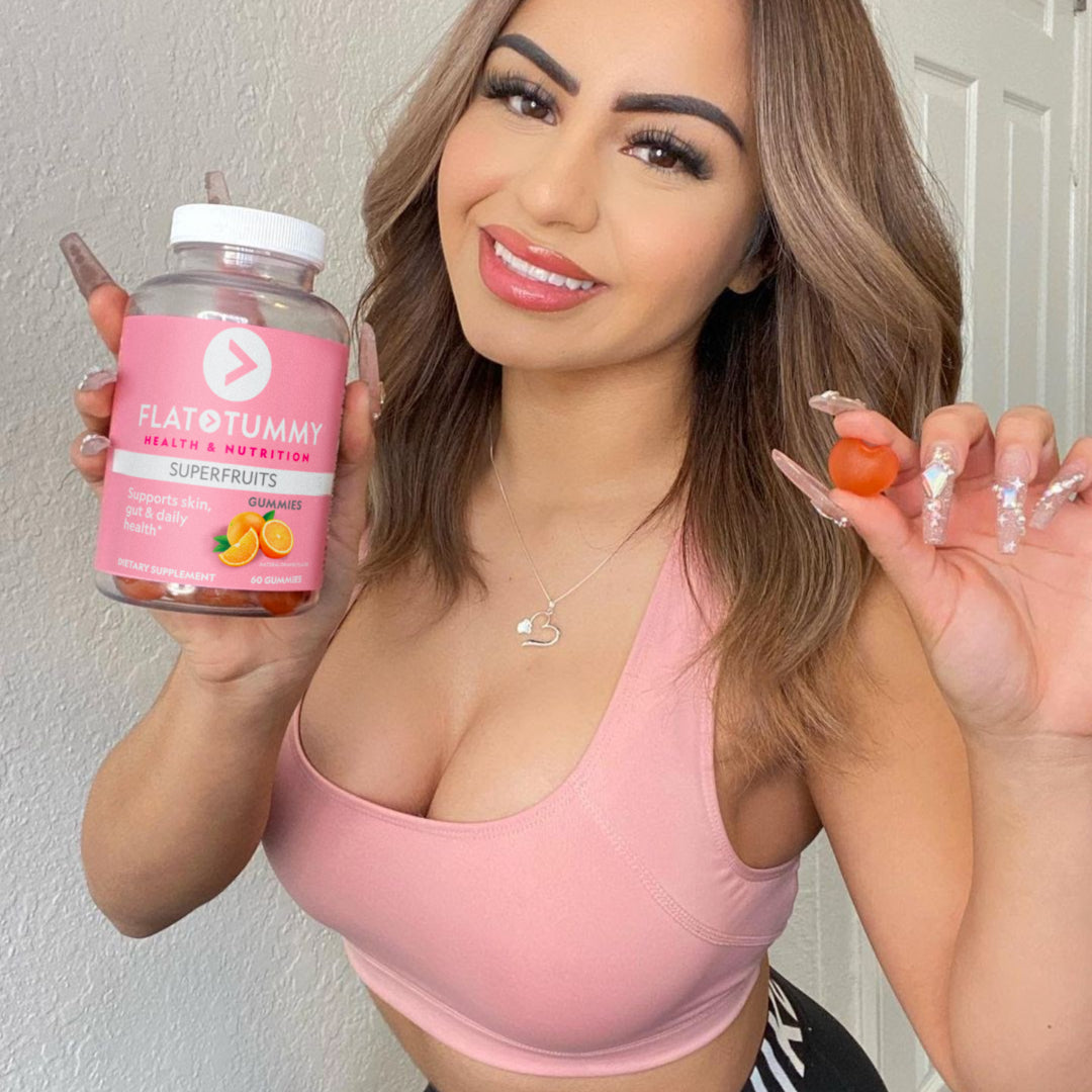 Woman modelling with superfruits gummies