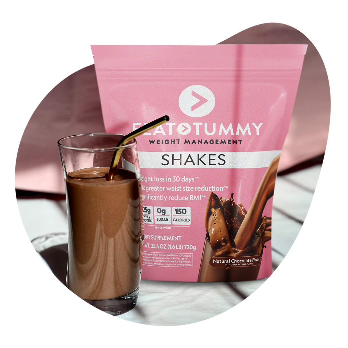 A glass of chocolate shake is placed next to a pink pouch labeled "Flat Tummy Shakes." The packaging has images of flowing chocolate and text about weight management.