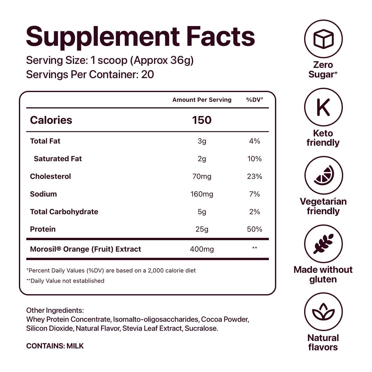 Nutritional label for a Chocolate Flat Tummy Shakes, showing 150 calories per serving. Includes details on fat, cholesterol, sodium, carbohydrates, and protein. Features icons for “Zero Sugar,” “Keto Friendly,” “Vegetarian Friendly,” “Made without Gluten,” and “Natural Flavors.”.