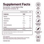 Nutritional label for a Chocolate Flat Tummy Shakes, showing 150 calories per serving. Includes details on fat, cholesterol, sodium, carbohydrates, and protein. Features icons for “Zero Sugar,” “Keto Friendly,” “Vegetarian Friendly,” “Made without Gluten,” and “Natural Flavors.”.