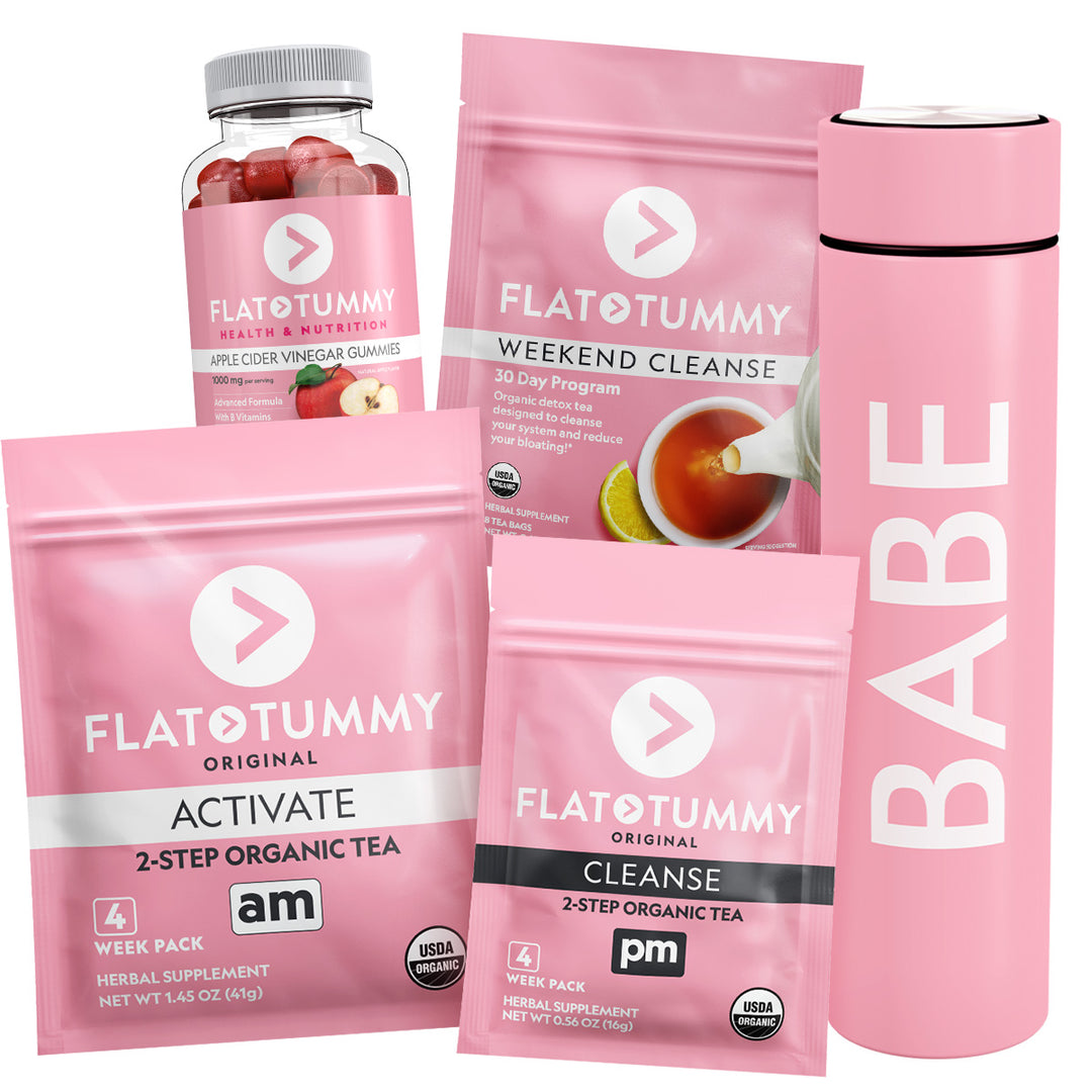 Introducing the "Beat the Bloat Bundle" by Flat Tummy Co, a comprehensive digestion support collection. This bundle includes a pink insulated tumbler labeled "Babe," a sleek silver tea infuser, two pink supplement packets named "Activate" and "Cleanse," and a bottle of apple cider vinegar gummies. All products are elegantly displayed against a white backdrop.