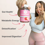 A woman in a white crop top and pink shorts holds a bottle of Flat Tummy Co's Apple Cider Vinegar Gummies, promising benefits like improved gut health, metabolic energy, detoxification, and enhanced digestion. Pink arrows point from text to the bottle in her hand.