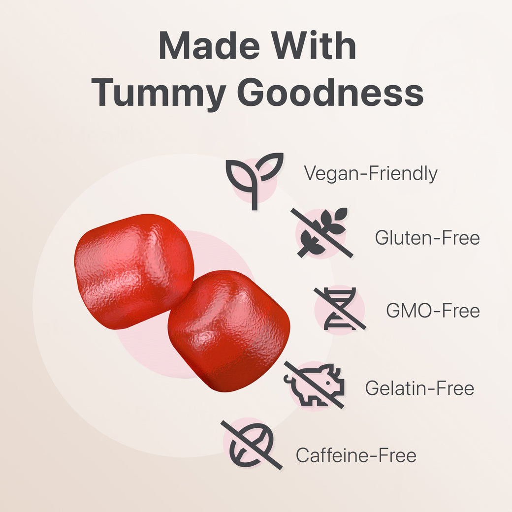 Image of two red Apple Cider Vinegar Gummies from Flat Tummy Co with text that reads "Made With Tummy Goodness." Five icons are listed on the right side indicating that the gummies are Vegan-Friendly, Gluten-Free, GMO-Free, Gelatin-Free, and Caffeine-Free. Enjoy the benefits for optimal gut health!