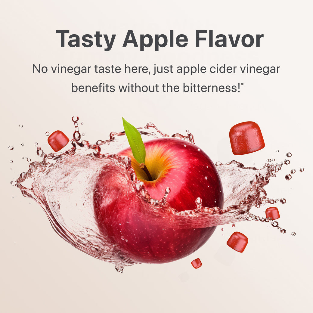 A vibrant red apple splashes through water, surrounded by small red gummy squares. Text above reads, "Tasty Apple Flavor. Enjoy the gut health benefits of Flat Tummy Co's Apple Cider Vinegar Gummies without the bitterness!