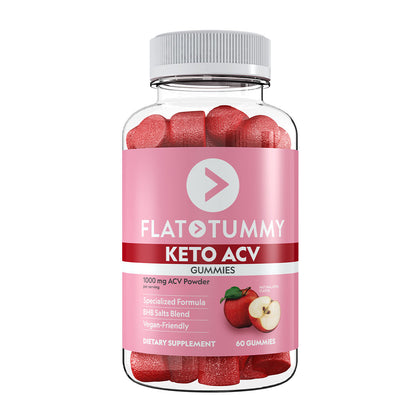 A transparent plastic bottle labeled "Flat Tummy Keto Apple Cider Vinegar Gummies" contains red gummy vitamins. The label showcases features such as "1000 mg ACV Powder per serving," "Specialized Formula," "BHB Salts Blend," "Vegan-Friendly," and includes "60 Gummies." Enjoy the gut health benefits!