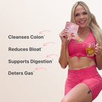 A woman in a pink workout outfit holds a packet and a glass of tea. Text to her left reads: "Flat Tummy Cleanse by Flat Tummy Co: Detox, Cleanses Colon, Reduces Bloat, Supports Digestion, Deters Gas.