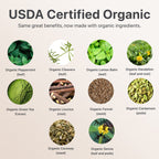 A chart titled "USDA Certified Organic" showcases the ingredients in Flat Tummy Co's Flat Tummy Tea, which are recognized for their detoxifying and bloating-reducing properties: peppermint (leaf), cleavers (leaf), lemon balm (leaf), dandelion (leaf and root), green tea extract for metabolism support, licorice (root), fennel (seed), cardamom (pods), caraway (seed), and senna (leaf and pods).