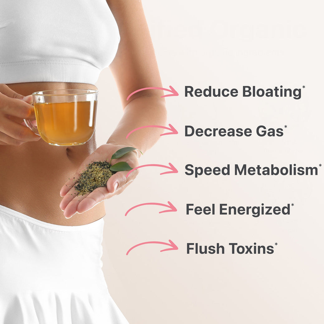 A person in a white crop top holds a cup of tea and herbs. Pink arrows highlight text: "Reduce Bloating," "Support Metabolism," "Speed Metabolism," "Feel Energized," and "Flush Toxins." Embrace the Flat Tummy Co's Flat Tummy Tea detox ritual for a refreshed, lighter feeling throughout your day.