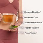 A person in a pink workout outfit is holding a cup of Flat Tummy Co's 14 Day Flat Tummy Tea in one hand and some green herbs in the other. Text with arrows pointing to the stomach area reads: "Reduce Bloating, Decrease Gas, Speed Metabolism, Feel Energized, Flush Toxins.