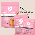 The image showcases three pink packets of Flat Tummy Co's 14 Day Flat Tummy Tea: a 2-week organic cleanse tea, a two-step organic tea labeled "activate," and a two-step organic tea labeled "cleanse." An arrow points from the larger packet to the smaller ones with a caption saying, "We're inside!" These teas aim to reduce bloating and boost energy.