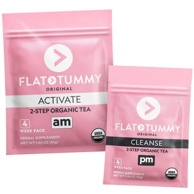 Two pink pouches of Flat Tummy Tea from Flat Tummy Co offer a detox journey. The left pouch, called "Activate," is designed to support metabolism for morning use, while the right pouch, named "Cleanse," aims to reduce bloating in the evening. Both products are labeled as 4-week packs of 2-step organic herbal supplements and are certified USDA organic.